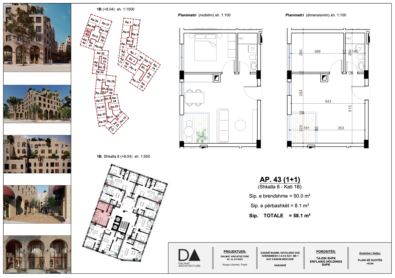 1-rumslägenhet med havsutsikt till salu i Saranda – 58,1 m², 1:a våningen, Marina City Park, byggstandard