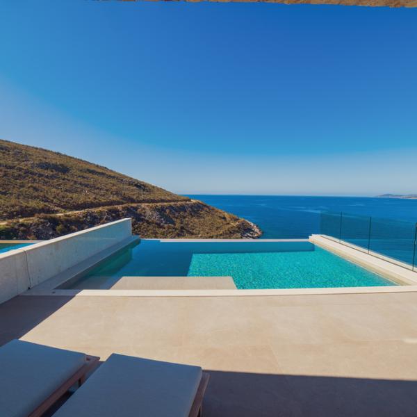 Vila luksoze për shitje në Sarandë, Shqipëri, me pishinë dhe pamje nga deti.